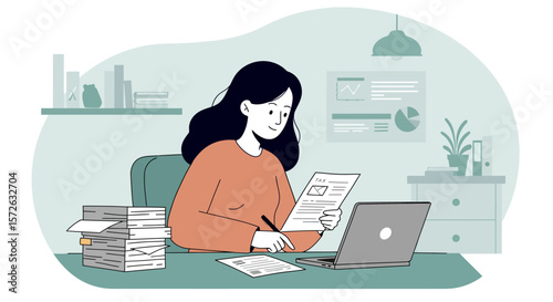 A woman is sitting at a desk with a laptop and papers