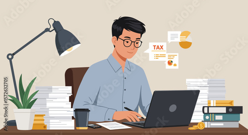 Person at desk with laptop and papers tax documents visible