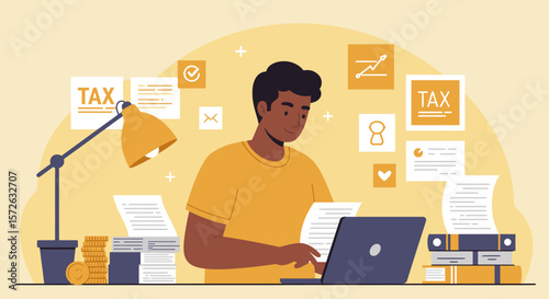 Man working on laptop surrounded by tax documents and coins