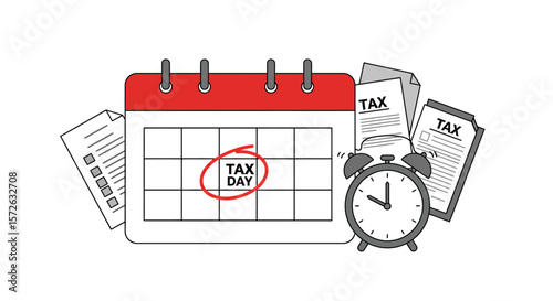 Calendar with Tax Day circled surrounded by tax documents and an alarm clock