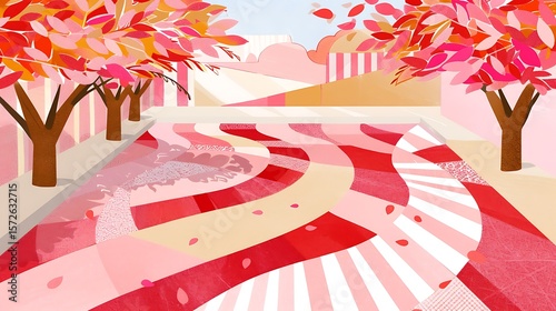 A serene path lined with vibrant, pink-hued trees in a tranquil and dreamy landscape