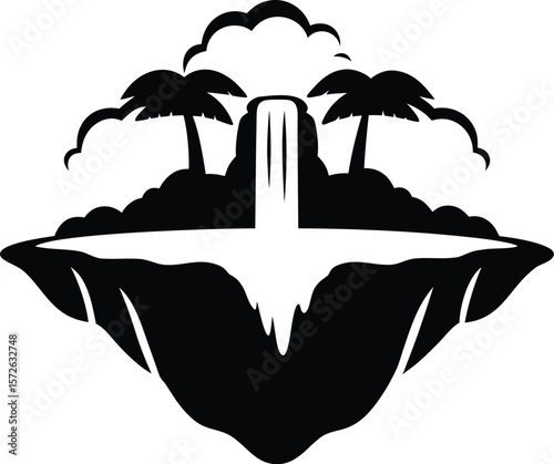 Floating Island with Waterfall and Palm Trees – Vector Tropical Fantasy Landscape