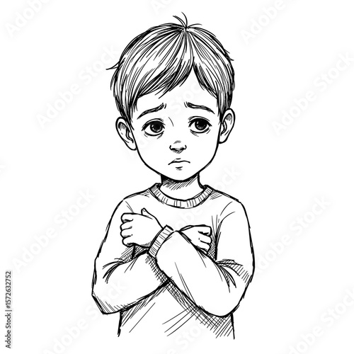 Sad young boy with short hair looking down with a sorrowful expression on white background