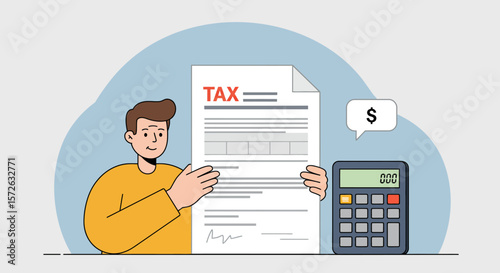 Tax form with calculator and dollar sign speech bubble