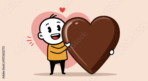 A cartoon figure hugs a large chocolate heart