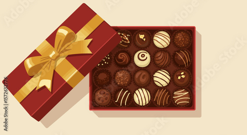 A red gift box with a gold ribbon containing an assortment of chocolates