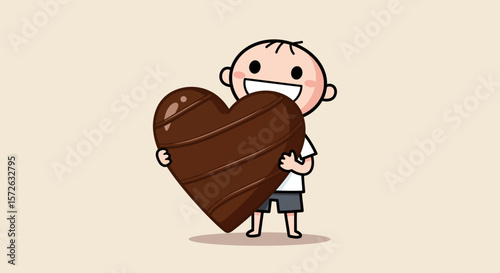 A cartoon child joyfully holds a large heartshaped chocolate