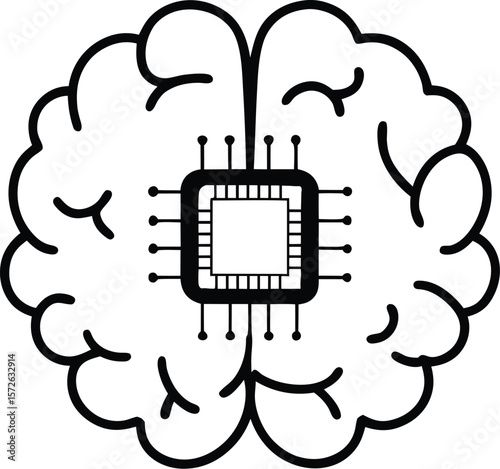 Artificial Intelligence Brain with Microchip – Black and White Tech Illustration