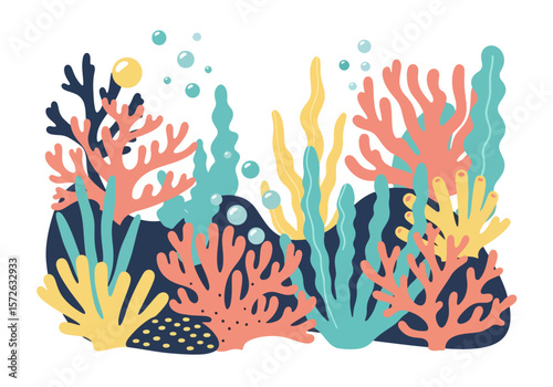 Colorful corals and seaweeds create a vibrant underwater scene, perfect for ocean-themed designs, with marine life, bubbles, and a transparent background.