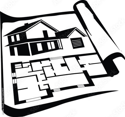 Architectural Blueprint with House Floor Plan – Black and White Vector Design