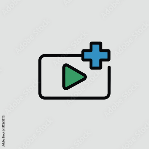 Minimalist Icon Design Featuring a Green Play Button Inside a Black Rectangle Adjacent to a Blue Plus Symbol on a Light Gray Background