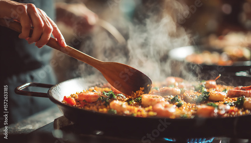 Cooking paella with shrimp and vegetables in a large pan on a stove with a wooden spoon stirring it