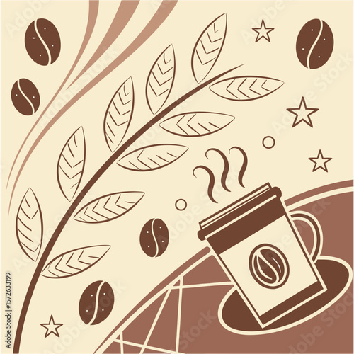 Coffee Cup Beans Leaves Abstract Brown Beige Design