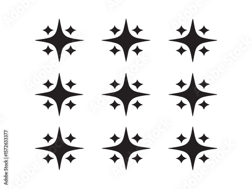 Nine black sparkle icons with four points on a white background