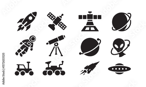 Space Exploration Silhouette Icon Set – Bold Black Sci-Fi Vector Collection with Astronauts, Rockets, and Planets