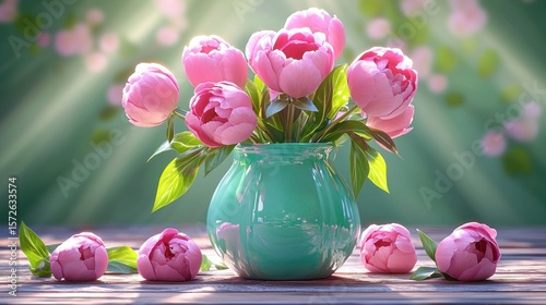 Pink peonies in a turquoise vase on a wooden surface