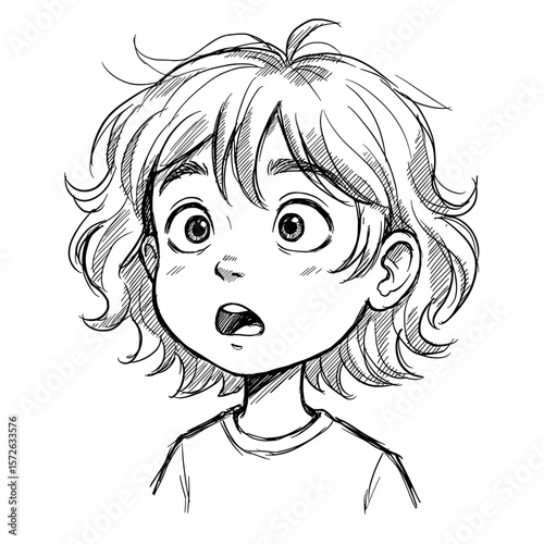Scared girl with curly hair showing fear on white background
