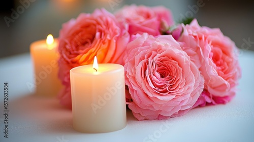 Pink roses clustered with glowing candles, soft lighting