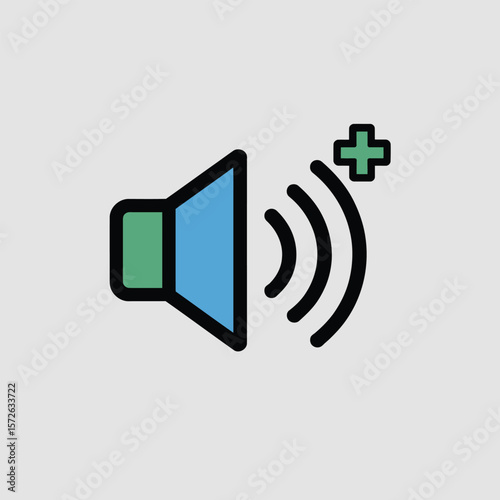 Minimalist Icon Design Featuring a Light Blue Speaker with a Seafoam Green Accent and a Green Plus Symbol Indicating Increased Volume Sound Waves