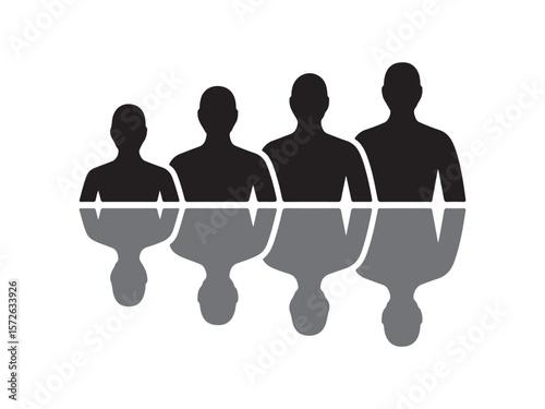 Four silhouetted figures stand in a line with their reflections below