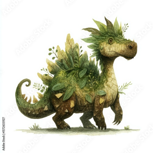 Unique dinosaur character covered in plants explores a lush green environment filled with foliage and sunlight