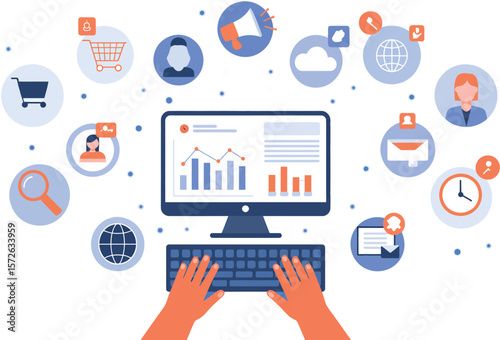 Illustration of a computer screen displaying charts with hands on keyboard and connected icons around



