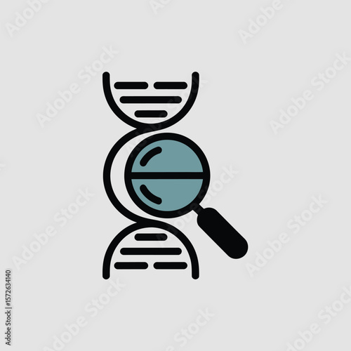 Minimalist Icon Design Featuring a Magnifying Glass Examining a Detailed D N A Double Helix Structure with Blue and Green Color Accents on a Light Gray Background