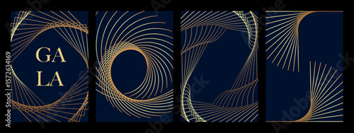 Luxury invitation cards set. Premium cover templates black background with gold line pattern frame and copy space for wedding invite, Gala grand opening, vip flyer. 

