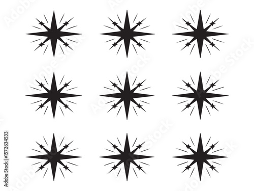 Nine black starburst sparkle icons on a white background