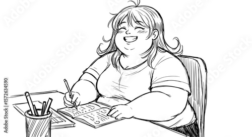 Chubby girl smiling while doing homework at a desk on white background