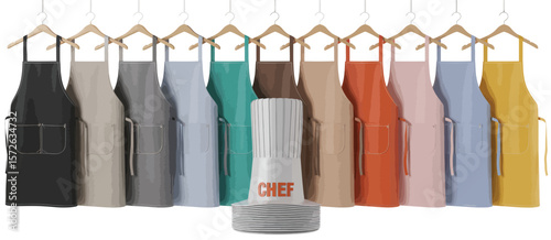 Colorful Chef Aprons Hanging on Hangers