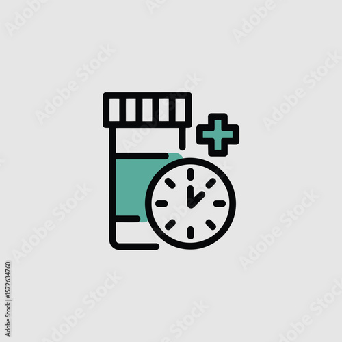 Minimalist Icon Design Featuring a Medicine Bottle Seafoam Green Label Black Outline Clock Face Blue Plus Symbol
