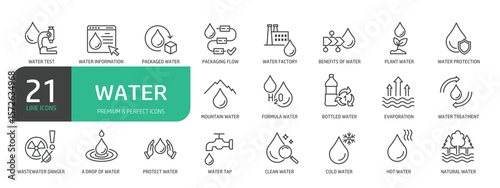 Set Of Water Line Icons. Set contains such icons as Earth Water, Droplet, Water Formula, Plant Water, Drop Layer, Evaporation, Water Treatment, Clean Water, and more.