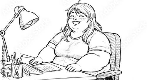 Chubby girl laughing while doing homework at home on white background

