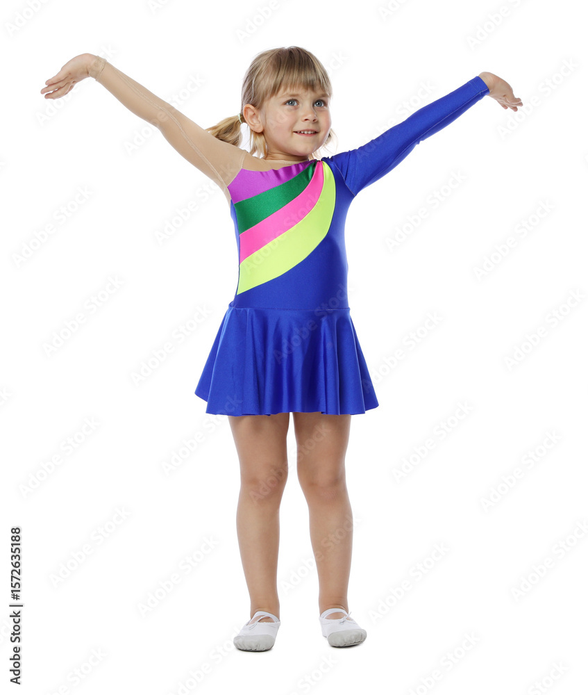 Fototapeta premium Cute little girl dancing on white background