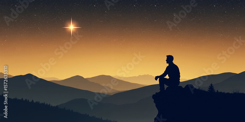 Silhouette of a man sitting on a cliff under a bright star in a mountain landscape on transparent background