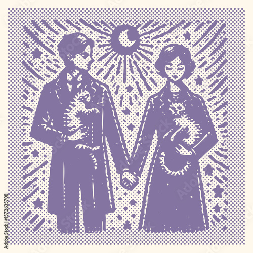 Vibrant purple halftone effect vector illustration of couple holding hands with cat, colorful postal stamp style design, romantic pet love theme, modern graphic art, digital artwork