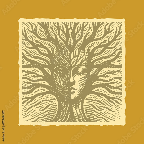  Vibrant Halftone Postal Stamp Vector of Tree and Human Fusion Concept, Surreal Nature Spirit Illustration, Colorful Abstract Environmental Harmony Artwork in Bold Graphic Style