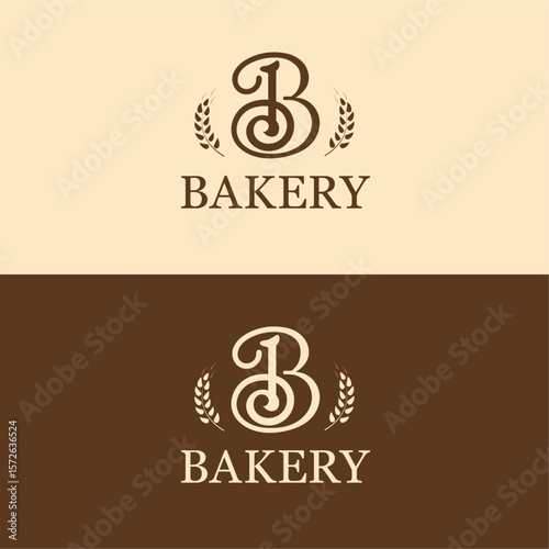 Bakery Logo Design: Elegant monogram logo design featuring the letter "B" intertwined with wheat stalks, perfect for a bakery business. Two color variations are provided: beige and brown backgrounds.