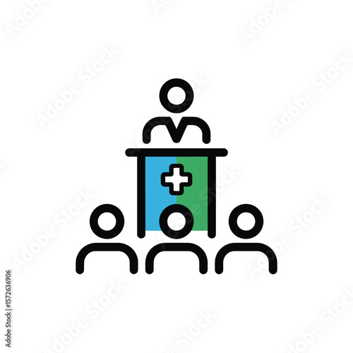 Minimalist Icon Design Featuring a Speaker at a Podium with a Medical Cross Symbol and an Audience of Three Attendees Light Blue and Green Color Scheme