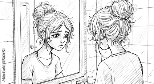 Upset girl looking in the bathroom mirror with a sorrowful expression on white background