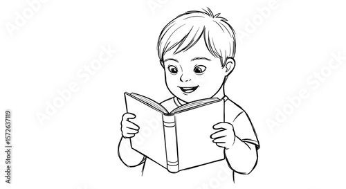 Boy with Down syndrome happily reading a book on white background
