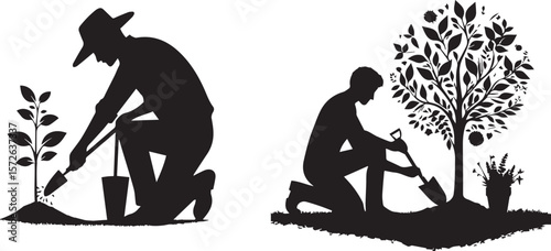 Tree Planting People Silhouette .
