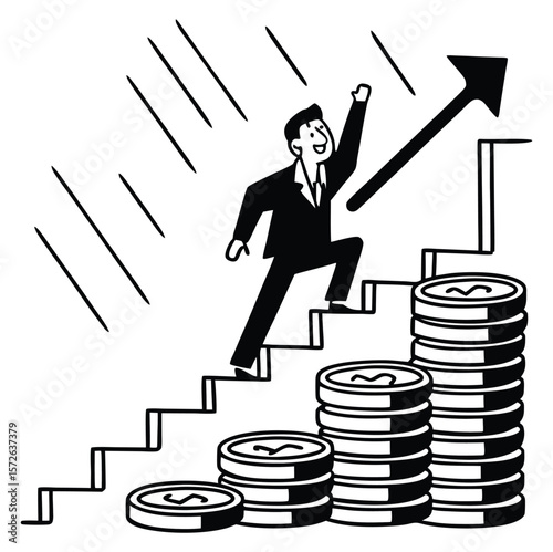 Eager businessman with briefcase of money running up ascending bar graph