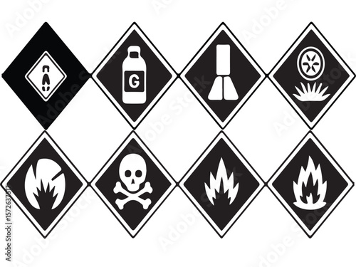 Collection of black and white hazard symbols and warning signs on a white background