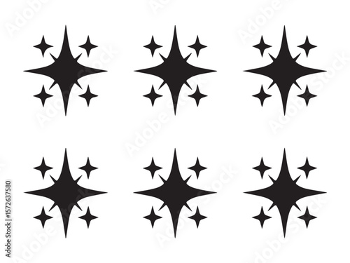 Six black sparkle starburst shapes on a white background