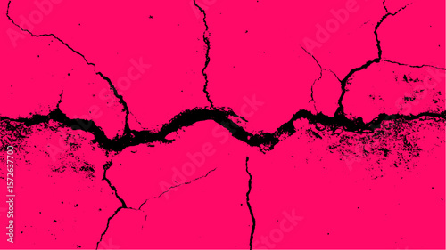 Crack on concrete surface with high-contrast grunge texture. Abstract black and pink background vector illustration.