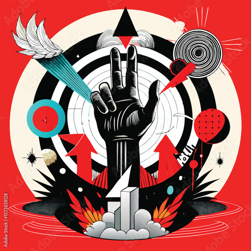 Abstract geometric composition with a hand gesture and celestial elements silhouette