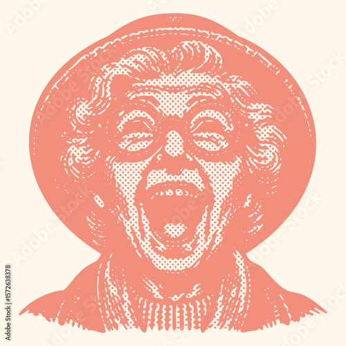  Vibrant Halftone Stamp Vector of Pink Color Excited Emotional Grandma Wearing Glasses with Open Mouth Expression – Retro Style Bold Line Artwork for Pop Art and Fun Design Use