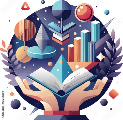Hands holding open book with geometric shapes and celestial elements silhouette